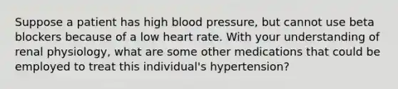 Suppose a patient has high blood pressure, but cannot use beta blockers because of a low heart rate. With your understanding of renal physiology, what are some other medications that could be employed to treat this individual's hypertension?