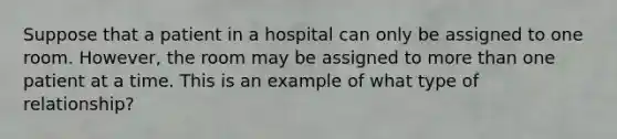 Suppose that a patient in a hospital can only be assigned to one room. However, the room may be assigned to <a href='https://www.questionai.com/knowledge/keWHlEPx42-more-than' class='anchor-knowledge'>more than</a> one patient at a time. This is an example of what type of relationship?