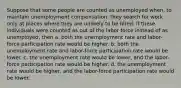 Suppose that some people are counted as unemployed when, to maintain unemployment compensation, they search for work only at places where they are unlikely to be hired. If these individuals were counted as out of the labor force instead of as unemployed, then a. both the unemployment rate and labor-force participation rate would be higher. b. both the unemployment rate and labor-force participation rate would be lower. c. the unemployment rate would be lower, and the labor-force participation rate would be higher. d. the unemployment rate would be higher, and the labor-force participation rate would be lower.