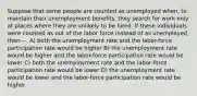 Suppose that some people are counted as unemployed when, to maintain their unemployment benefits, they search for work only at places where they are unlikely to be hired. If these individuals were counted as out of the labor force instead of as unemployed, then---. A) both the unemployment rate and the labor-force participation rate would be higher B) the unemployment rate would be higher and the labor-force participation rate would be lower C) both the unemployment rate and the labor-force participation rate would be lower D) the unemployment rate would be lower and the labor-force participation rate would be higher