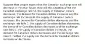 Suppose that people expect that the Canadian exchange rate will decrease in the near future. How will this situation affect the Canadian exchange rate? A. the supply of Canadian dollars decreases, the demand for Canadian dollars increases and the exchange rate increases B. the supply of Canadian dollars increases, the demand for Canadian dollars decreases and the exchange rate falls C. the supply of Canadian dollars decreases, the demand for Canadian dollars decreases and the exchange rate falls D. the supply of Canadian dollars increases, the demand for Canadian dollars decreases and the exchange rate rises E. neither the supply nor the demand for Canadian dollars increases or decreases