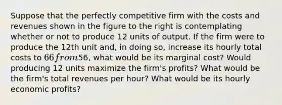 Suppose that the perfectly competitive firm with the costs and revenues shown in the figure to the right is contemplating whether or not to produce 12 units of output. If the firm were to produce the 12th unit​ and, in doing​ so, increase its hourly total costs to 66 from​56, what would be its marginal​ cost? Would producing 12 units maximize the​ firm's profits? What would be the​ firm's total revenues per​ hour? What would be its hourly economic​ profits?