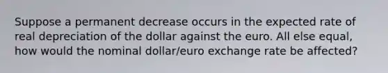 Suppose a permanent decrease occurs in the expected rate of real depreciation of the dollar against the euro. All else equal, how would the nominal dollar/euro exchange rate be affected?