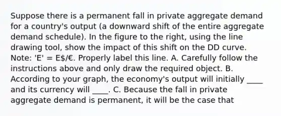 Suppose there is a permanent fall in private aggregate demand for a​ country's output​ (a downward shift of the entire aggregate demand​ schedule). In the figure to the​ right, using the line drawing tool​, show the impact of this shift on the DD curve.​ Note: 'E'​ = E/€. Properly label this line. A. Carefully follow the instructions above and only draw the required object. B. According to your​ graph, the​ economy's output will initially ____ and its currency will ____. C. Because the fall in private aggregate demand is​ permanent, it will be the case that
