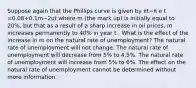 Suppose again that the Phillips curve is given by πt−π e t =0.08+0.1m−2ut where m (the mark up) is initially equal to​ 20%, but that as a result of a sharp increase in oil​ prices, m increases permanently to​ 40% in year t . What is the effect of the increase in m on the natural rate of​ unemployment? The natural rate of unemployment will not change. The natural rate of unemployment will decrease from 5% to 4.5%. The natural rate of unemployment will increase from 5% to 6%. The effect on the natural rate of unemployment cannot be determined without more information.