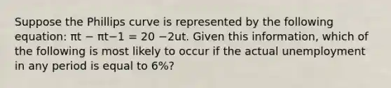 Suppose the Phillips curve is represented by the following​ equation: πt − πt−1 = 20 −2ut. Given this​ information, which of the following is most likely to occur if the actual unemployment in any period is equal to​ 6%?