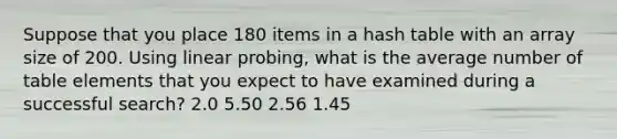 Suppose that you place 180 items in a hash table with an array size of 200. Using linear probing, what is the average number of table elements that you expect to have examined during a successful search? 2.0 5.50 2.56 1.45