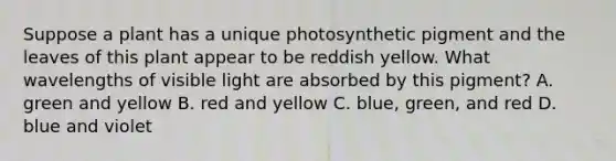 Suppose a plant has a unique photosynthetic pigment and the leaves of this plant appear to be reddish yellow. What wavelengths of visible light are absorbed by this pigment? A. green and yellow B. red and yellow C. blue, green, and red D. blue and violet