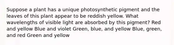 Suppose a plant has a unique photosynthetic pigment and the leaves of this plant appear to be reddish yellow. What wavelengths of visible light are absorbed by this pigment? Red and yellow Blue and violet Green, blue, and yellow Blue, green, and red Green and yellow