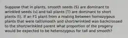 Suppose that in plants, smooth seeds (S) are dominant to wrinkled seeds (s) and tall plants (T) are dominant to short plants (t). If an F1 plant from a mating between homozygous plants that were tall/smooth and short/wrinkled was backcrossed to the short/wrinkled parent what proportion of the progeny would be expected to be heterozygous for tall and smooth?