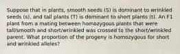 Suppose that in plants, smooth seeds (S) is dominant to wrinkled seeds (s), and tall plants (T) is dominant to short plants (t). An F1 plant from a mating between homozygous plants that were tall/smooth and short/wrinkled was crossed to the short/wrinkled parent. What proportion of the progeny is homozygous for short and wrinkled alleles?