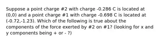 Suppose a point charge #2 with charge -0.286 C is located at (0,0) and a point charge #1 with charge -0.698 C is located at (-0.72,-1.23). Which of the following is true about the components of the force exerted by #2 on #1? (looking for x and y components being + or - ?)