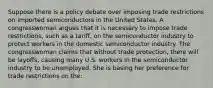 Suppose there is a policy debate over imposing trade restrictions on imported semiconductors in the United States. A congresswoman argues that it is necessary to impose trade restrictions, such as a tariff, on the semiconductor industry to protect workers in the domestic semiconductor industry. The congresswoman claims that without trade protection, there will be layoffs, causing many U.S. workers in the semiconductor industry to be unemployed. She is basing her preference for trade restrictions on the: