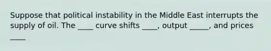 Suppose that political instability in the Middle East interrupts the supply of oil. The ____ curve shifts ____, output _____, and prices ____