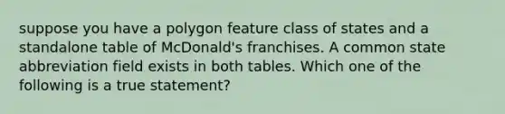 suppose you have a polygon feature class of states and a standalone table of McDonald's franchises. A common state abbreviation field exists in both tables. Which one of the following is a true statement?