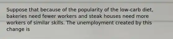 Suppose that because of the popularity of the low-carb diet, bakeries need fewer workers and steak houses need more workers of similar skills. The unemployment created by this change is