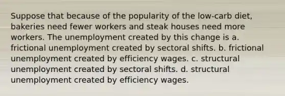 Suppose that because of the popularity of the low-carb diet, bakeries need fewer workers and steak houses need more workers. The unemployment created by this change is a. frictional unemployment created by sectoral shifts. b. frictional unemployment created by efficiency wages. c. structural unemployment created by sectoral shifts. d. structural unemployment created by efficiency wages.