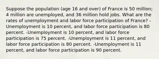 Suppose the population (age 16 and over) of France is 50 million; 4 million are unemployed, and 36 million hold jobs. What are the rates of unemployment and labor force participation of France? -Unemployment is 10 percent, and labor force participation is 80 percent. -Unemployment is 10 percent, and labor force participation is 75 percent. -Unemployment is 11 percent, and labor force participation is 80 percent. -Unemployment is 11 percent, and labor force participation is 90 percent.