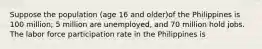 Suppose the population (age 16 and older)of the Philippines is 100 million; 5 million are unemployed, and 70 million hold jobs. The labor force participation rate in the Philippines is