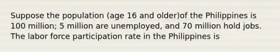 Suppose the population (age 16 and older)of the Philippines is 100 million; 5 million are unemployed, and 70 million hold jobs. The labor force participation rate in the Philippines is