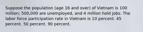 Suppose the population (age 16 and over) of Vietnam is 100 million; 500,000 are unemployed, and 4 million hold jobs. The labor force participation rate in Vietnam is 10 percent. 45 percent. 50 percent. 90 percent.