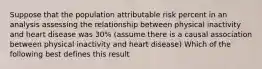 Suppose that the population attributable risk percent in an analysis assessing the relationship between physical inactivity and heart disease was 30% (assume there is a causal association between physical inactivity and heart disease) Which of the following best defines this result