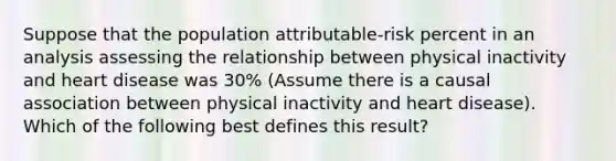 Suppose that the population attributable-risk percent in an analysis assessing the relationship between physical inactivity and heart disease was 30% (Assume there is a causal association between physical inactivity and heart disease). Which of the following best defines this result?