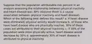 Suppose that the population attributable-risk percent in an analysis assessing the relationship between physical inactivity and heart disease was 30% (Assume there is a causal association between physical inactivity and heart disease). Which of the following best defines this result? a. if heart disease were eliminated, physical activity would increase b. of those who have heart disease who are physically inactive, 30% of those cases are attributed to their physical inactivity. c. if 30% of the population were more physically active, heart disease would decrease by 30% d. approximately 30% of heart disease is attributed to physical inactivity