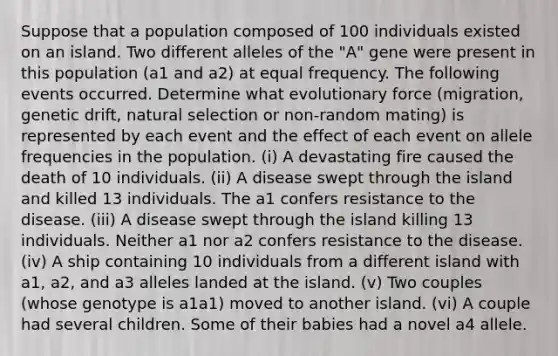 Suppose that a population composed of 100 individuals existed on an island. Two different alleles of the "A" gene were present in this population (a1 and a2) at equal frequency. The following events occurred. Determine what evolutionary force (migration, genetic drift, natural selection or non-random mating) is represented by each event and the effect of each event on allele frequencies in the population. (i) A devastating fire caused the death of 10 individuals. (ii) A disease swept through the island and killed 13 individuals. The a1 confers resistance to the disease. (iii) A disease swept through the island killing 13 individuals. Neither a1 nor a2 confers resistance to the disease. (iv) A ship containing 10 individuals from a different island with a1, a2, and a3 alleles landed at the island. (v) Two couples (whose genotype is a1a1) moved to another island. (vi) A couple had several children. Some of their babies had a novel a4 allele.