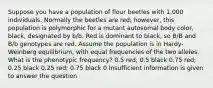 Suppose you have a population of flour beetles with 1,000 individuals. Normally the beetles are red; however, this population is polymorphic for a mutant autosomal body color, black, designated by b/b. Red is dominant to black, so B/B and B/b genotypes are red. Assume the population is in Hardy-Weinberg equilibrium, with equal frequencies of the two alleles. What is the phenotypic frequency? 0.5 red; 0.5 black 0.75 red; 0.25 black 0.25 red; 0.75 black 0 Insufficient information is given to answer the question