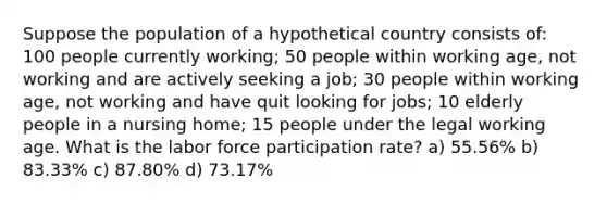 Suppose the population of a hypothetical country consists of: 100 people currently working; 50 people within working age, not working and are actively seeking a job; 30 people within working age, not working and have quit looking for jobs; 10 elderly people in a nursing home; 15 people under the legal working age. What is the labor force participation rate? a) 55.56% b) 83.33% c) 87.80% d) 73.17%