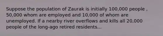 Suppose the population of Zaurak is initially 100,000 people , 50,000 whom are employed and 10,000 of whom are unemployed. If a nearby river overflows and kills all 20,000 people of the long-ago retired residents...