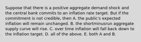 Suppose that there is a positive aggregate demand shock and the central bank commits to an inflation rate target. But if the commitment is not​ credible, then A. the​ public's expected inflation will remain unchanged. B. the shortminusrun aggregate supply curve will rise. C. over time inflation will fall back down to the inflation target. D. all of the above. E. both A and B.