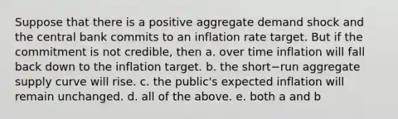 Suppose that there is a positive aggregate demand shock and the central bank commits to an inflation rate target. But if the commitment is not​ credible, then a. over time inflation will fall back down to the inflation target. b. the short−run aggregate supply curve will rise. c. the​ public's expected inflation will remain unchanged. d. all of the above. e. both a and b