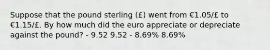 Suppose that the pound sterling (£) went from €1.05/£ to €1.15/£. By how much did the euro appreciate or depreciate against the pound? - 9.52 9.52 - 8.69% 8.69%