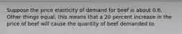 Suppose the price elasticity of demand for beef is about 0.6. Other things equal, this means that a 20 percent increase in the price of beef will cause the quantity of beef demanded to