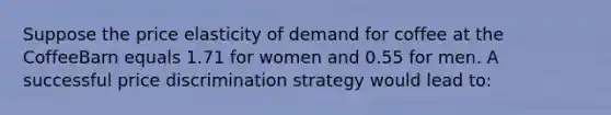 Suppose the price elasticity of demand for coffee at the CoffeeBarn equals 1.71 for women and 0.55 for men. A successful price discrimination strategy would lead to: