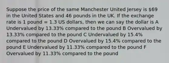 Suppose the price of the same Manchester United Jersey is 69 in the United States and 46 pounds in the UK. If the exchange rate is 1 pound = 1.3 US dollars, then we can say the dollar is A Undervalued by 13.33% compared to the pound B Overvalued by 13.33% compared to the pound C Undervalued by 15.4% compared to the pound D Overvalued by 15.4% compared to the pound E Undervalued by 11.33% compared to the pound F Overvalued by 11.33% compared to the pound