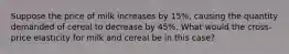 Suppose the price of milk increases by 15%, causing the quantity demanded of cereal to decrease by 45%. What would the cross-price elasticity for milk and cereal be in this case?