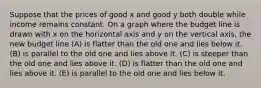 Suppose that the prices of good x and good y both double while income remains constant. On a graph where the budget line is drawn with x on the horizontal axis and y on the vertical axis, the new budget line (A) is flatter than the old one and lies below it. (B) is parallel to the old one and lies above it. (C) is steeper than the old one and lies above it. (D) is flatter than the old one and lies above it. (E) is parallel to the old one and lies below it.