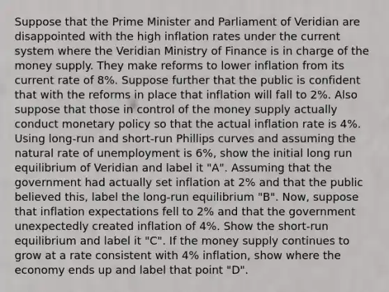 Suppose that the Prime Minister and Parliament of Veridian are disappointed with the high inflation rates under the current system where the Veridian Ministry of Finance is in charge of the money supply. They make reforms to lower inflation from its current rate of 8%. Suppose further that the public is confident that with the reforms in place that inflation will fall to 2%. Also suppose that those in control of the money supply actually conduct <a href='https://www.questionai.com/knowledge/kEE0G7Llsx-monetary-policy' class='anchor-knowledge'>monetary policy</a> so that the actual inflation rate is 4%. Using long-run and short-run Phillips curves and assuming the natural rate of unemployment is 6%, show the initial long run equilibrium of Veridian and label it "A". Assuming that the government had actually set inflation at 2% and that the public believed this, label the long-run equilibrium "B". Now, suppose that inflation expectations fell to 2% and that the government unexpectedly created inflation of 4%. Show the short-run equilibrium and label it "C". If the money supply continues to grow at a rate consistent with 4% inflation, show where the economy ends up and label that point "D".