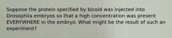 Suppose the protein specified by bicoid was injected into Drosophila embryos so that a high concentration was present EVERYWHERE in the embryo. What might be the result of such an experiment?