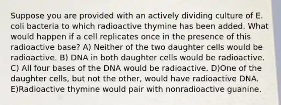 Suppose you are provided with an actively dividing culture of E. coli bacteria to which radioactive thymine has been added. What would happen if a cell replicates once in the presence of this radioactive base? A) Neither of the two daughter cells would be radioactive. B) DNA in both daughter cells would be radioactive. C) All four bases of the DNA would be radioactive. D)One of the daughter cells, but not the other, would have radioactive DNA. E)Radioactive thymine would pair with nonradioactive guanine.