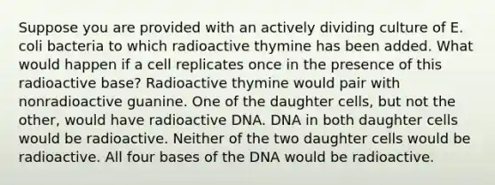 Suppose you are provided with an actively dividing culture of E. coli bacteria to which radioactive thymine has been added. What would happen if a cell replicates once in the presence of this radioactive base? Radioactive thymine would pair with nonradioactive guanine. One of the daughter cells, but not the other, would have radioactive DNA. DNA in both daughter cells would be radioactive. Neither of the two daughter cells would be radioactive. All four bases of the DNA would be radioactive.