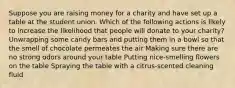 Suppose you are raising money for a charity and have set up a table at the student union. Which of the following actions is likely to increase the likelihood that people will donate to your charity? Unwrapping some candy bars and putting them in a bowl so that the smell of chocolate permeates the air Making sure there are no strong odors around your table Putting nice-smelling flowers on the table Spraying the table with a citrus-scented cleaning fluid