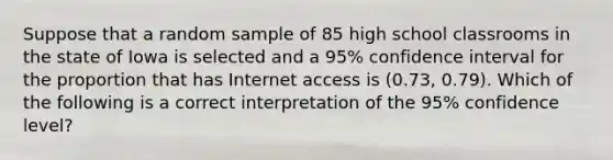 Suppose that a random sample of 85 high school classrooms in the state of Iowa is selected and a 95% confidence interval for the proportion that has Internet access is (0.73, 0.79). Which of the following is a correct interpretation of the 95% confidence level?