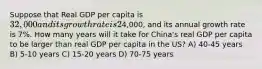 Suppose that Real GDP per capita is 32,000 and its growth rate is 2% per year. Real GDP per capita of China is4,000, and its annual growth rate is 7%. How many years will it take for China's real GDP per capita to be larger than real GDP per capita in the US? A) 40-45 years B) 5-10 years C) 15-20 years D) 70-75 years