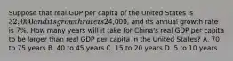 Suppose that real GDP per capita of the United States is 32,000 and its growth rate is 2% per year and that real GDP per capita of China is4,000, and its annual growth rate is 7%. How many years will it take for China's real GDP per capita to be larger than real GDP per capita in the United States? A. 70 to 75 years B. 40 to 45 years C. 15 to 20 years D. 5 to 10 years