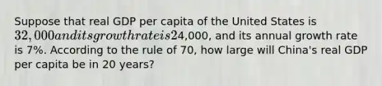 Suppose that real GDP per capita of the United States is 32,000 and its growth rate is 2% per year and that real GDP per capita of China is4,000, and its annual growth rate is 7%. According to the rule of 70, how large will China's real GDP per capita be in 20 years?