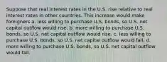 Suppose that real interest rates in the U.S. rise relative to real interest rates in other countries. This increase would make foreigners a. less willing to purchase U.S. bonds, so U.S. net capital outflow would rise. b. more willing to purchase U.S. bonds, so U.S. net capital outflow would rise. c. less willing to purchase U.S. bonds, so U.S. net capital outflow would fall. d. more willing to purchase U.S. bonds, so U.S. net capital outflow would fall.